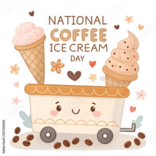 National Coffee Ice Cream Day with Coffee Ice Cream Sundae and Floral Elements