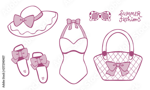 Hand-drawn line art elements of a wide brim hat, one-piece swimsuit, sunglasses, flip-flops, and beach bag with bow. Vector summer clothes set for travel blog advert, stickers, or print designs. 