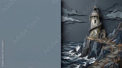 Paper cut lighthouse on rocky cliff 3D render illustration