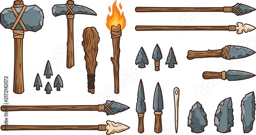 Stone Age Tools Vector Icon Set Featuring Primitive Weapons, Arrowheads, Spearheads, Torches, Axes, and Knives for History Designs