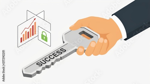 Isometric hand holding a silver key with success text and business growth charts isolated on white background. Perfect corporate concept illustration for business strategy presentations.