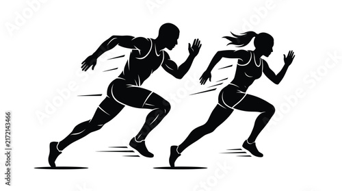 Running athletes silhouette showing a man and woman sprinting together.