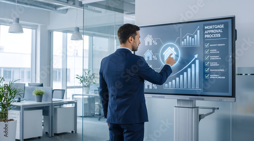 Businessman presenting business growth strategy on interactive digital board