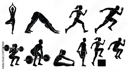 Gym exercise silhouettes showing weightlifting and cardiovascular training activities.