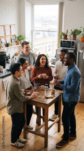 Diverse group of friends laughing and talking in a modern kitchen
