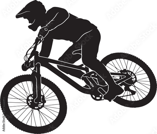 Mountain bike rider silhouette, downhill mountain biking vector, extreme sports cyclist jumping, black mtb action graphic
