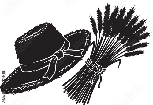 Rustic straw hat and wheat bundle vector, vintage farm harvest silhouette, black and white agricultural icon for organic bakery branding