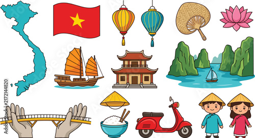 Vietnam Tourism and Culture Vector Icon Set Featuring Ha Long Bay Golden Bridge Flag Map and Traditional Asian Elements