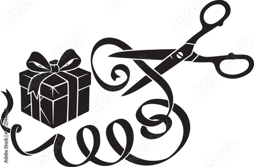 Black silhouette scissors cutting gift ribbon, elegant gift box with bow vector, decorative holiday packaging illustration