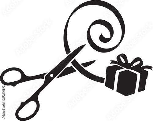 Black scissors cutting ribbon for gift box, grand opening ceremony vector icon, holiday present wrapping silhouette