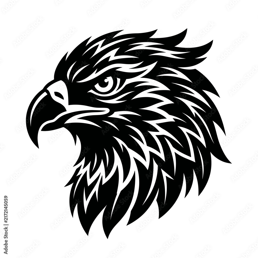 Fototapeta premium Eagle head profile showing sharp features and detailed feathers in a bold graphic design.