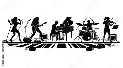 Concert silhouettes of a music group playing instruments together.