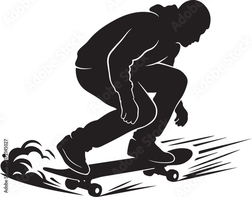 Skateboarder silhouette vector, urban skater performing high speed trick, black and white extreme sports graphic for apparel