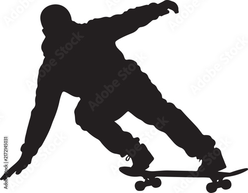 Skateboarder silhouette vector, male skater performing trick on longboard, black action figure for urban sports design