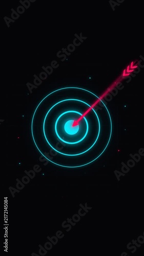 Bright arrow hits target on a dark background with glowing circles.