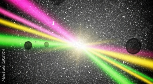 Abstract background, with bright neon, laser beams in, pink, yellow, and, green colors crossing, a dark starry, space, glowing light, rays emanating from, a central point, cosmic galaxy style effect