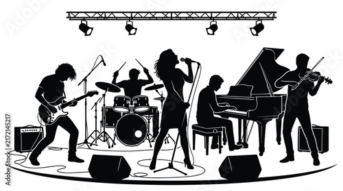 Band silhouettes perform live music on a stage with instruments.