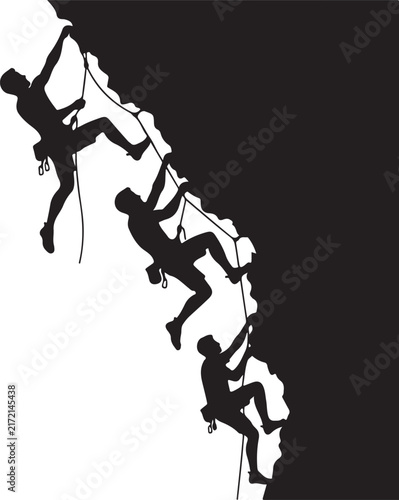 Rock climbing silhouette vector, group of mountain climbers on steep cliff, extreme outdoor sports and teamwork concept