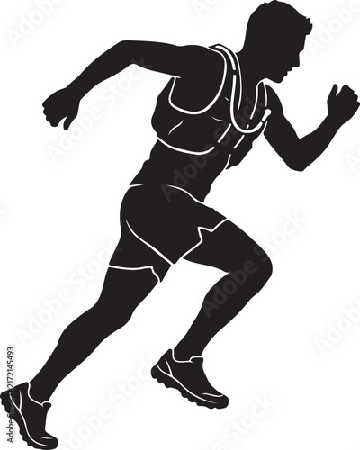 Trail runner silhouette with hydration vest, male athlete running marathon vector, black sport icon for fitness and outdoor adventure