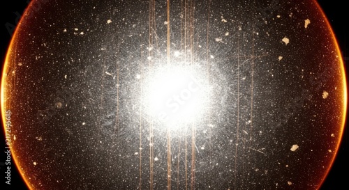 Abstract cosmic explosion with a bright central white light surrounded by dark particles, glowing orange ring, and vertical light streaks, resembling a supernova or a deep space nebula event