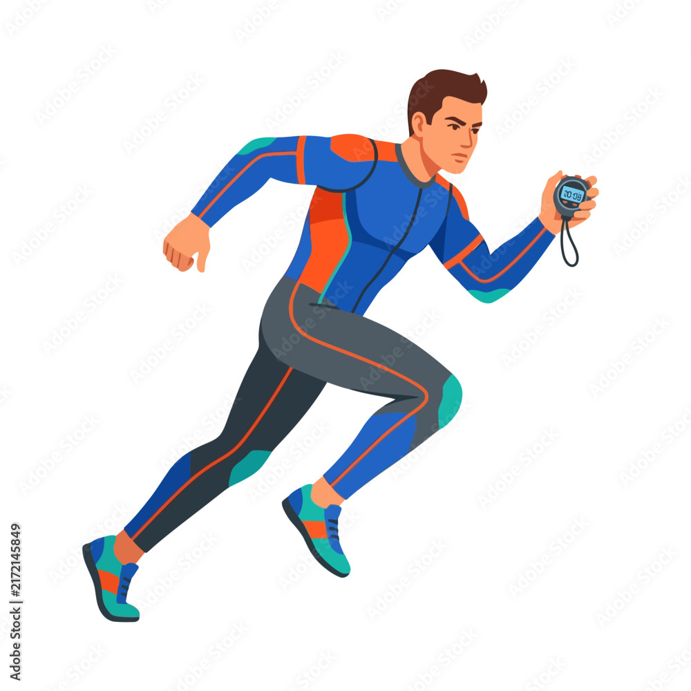 Fototapeta premium Dynamic Male Athlete Sprinting With Stopwatch In Action Lifestyle Illustration