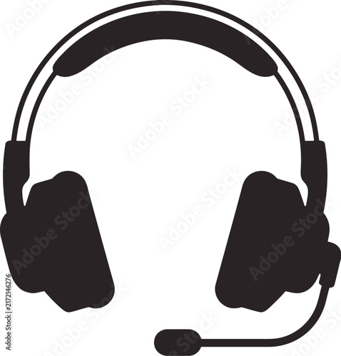 Black headset silhouette, gaming headphones with mic, audio vector