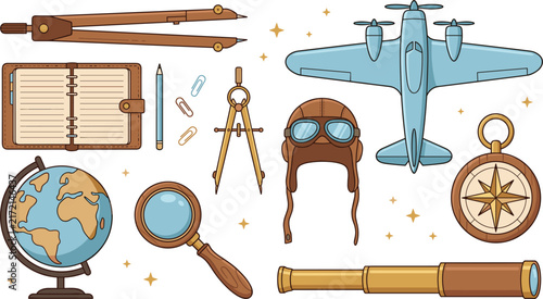 Vintage Aviation and Exploration Vector Icon Set with Propeller Airplane Globe Compass Telescope and Pilot Helmet for Travel Designs