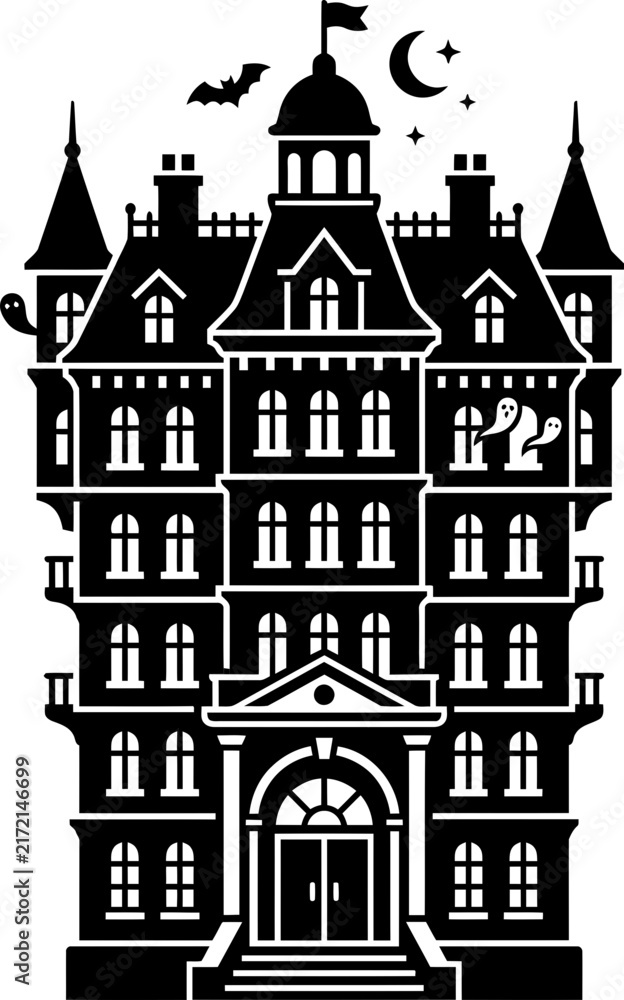 Fototapeta premium Black and white silhouette illustration of a gothic haunted house mansion.