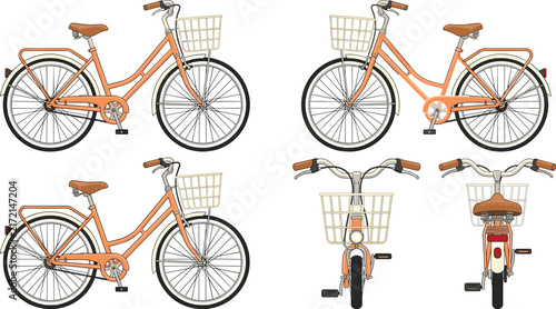 Vintage City Bicycle Vector Icon Set with Front Basket Showing Side View Front View and Back View Perspectives