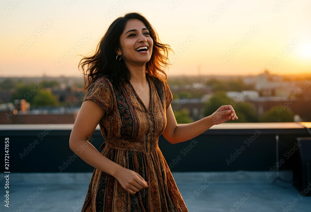 Obraz premium Happiness and freedom, joyful young woman dancing on a rooftop at sunset with urban skyline background, lifestyle and mental health wellness