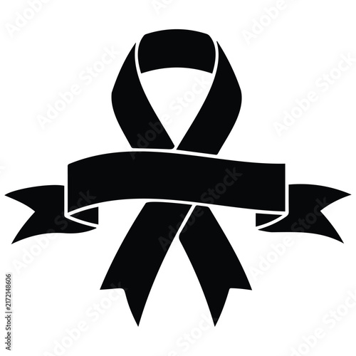 Black awareness ribbon vector silhouette with curved text banner for memory and support.
