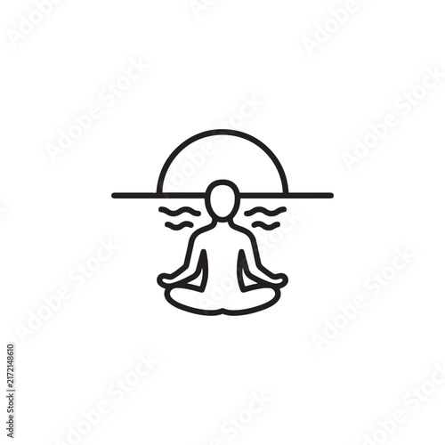 Serene sunset meditation line icon vector illustration featuring a minimalist person in a lotus yoga pose embodying peace mindfulness and spiritual wellbeing against a calming natural background