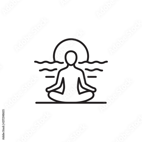 Minimalist vector line icon of a person meditating in a yoga lotus pose with a rising sun or sunset over calm waves symbolizing peace mindfulness relaxation and spiritual wellbeing for mental health