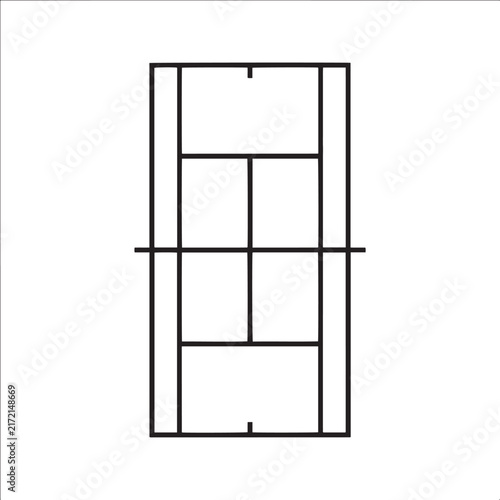 Clean vector line art illustration depicting a standard tennis court from a topdown view perfect for sports diagrams instructional graphics and web design elements related to the game of tennis