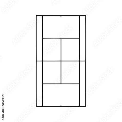 Minimalist black line art vector illustration of a tennis court from a topdown view accurately depicting the detailed layout and markings essential for a professional or recreational tennis game