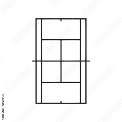 Minimalist black and white vector outline of a tennis court from a topdown perspective highlighting the standard court markings for singles and doubles play suitable for sports graphics rule diagrams
