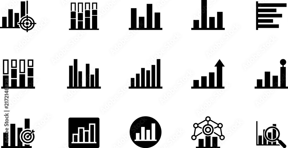 Fototapeta premium Set of black and white bar chart icons for business data and financial analysis