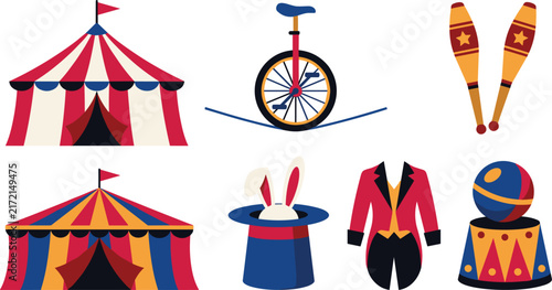 Vintage Retro Carnival and Circus Vector Icon Set Featuring Big Top Tents, Unicycle on Tightrope, Juggling Clubs, Magic Hat, Ringmaster Jacket, and Balance Ball