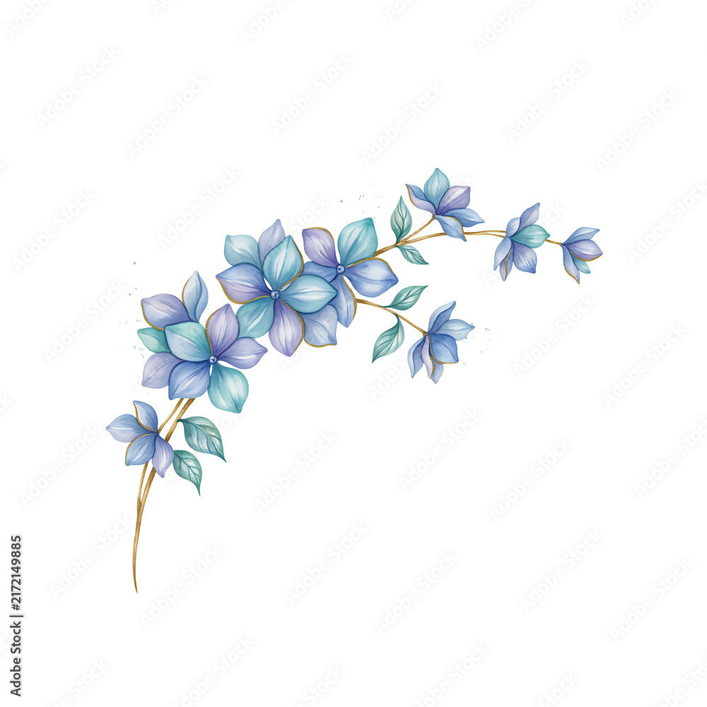 Fototapeta premium Watercolor branch with blue flowers and green leaves isolated on a transparent background