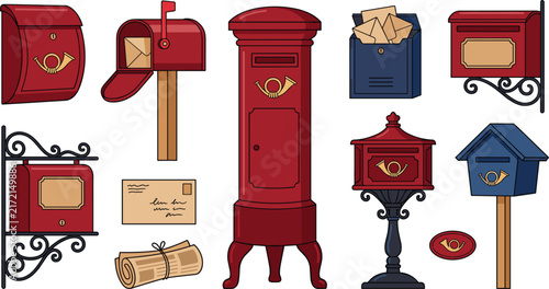 Vintage Mailbox Icon Set with Red and Blue Postboxes Post Horn Symbols Letters and Rolled Newspaper Vectors