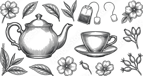 Vintage Tea Time Sketch Vector Set Featuring Teapot, Teacup, Tea Bag, Green Leaves, and Botanical Rosehip Flowers for Menu and Packaging Designs