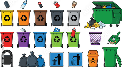 Waste Management and Recycling Bin Vector Set with Colorful Segregation Bins Garbage Bags Dumpster and Litter Disposal Icons