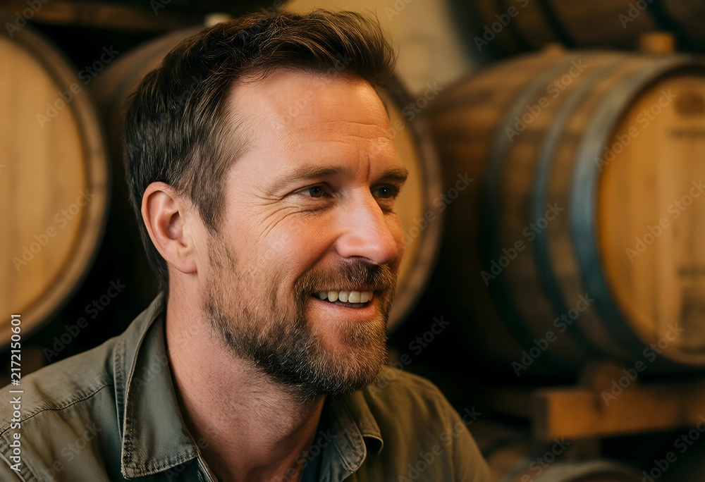 Naklejka premium Winemaking and craft beverage industry, smiling winemaker inspecting wine barrels in a rustic cellar for quality control and traditional production