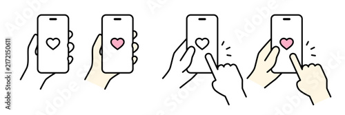 ハートアイコンを表示したスマートフォンを持つ手のイラストのセット