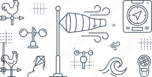 Foto Meteorology and Wind Measurement Line Icon Set with Windsock, Weather Vane, Anem