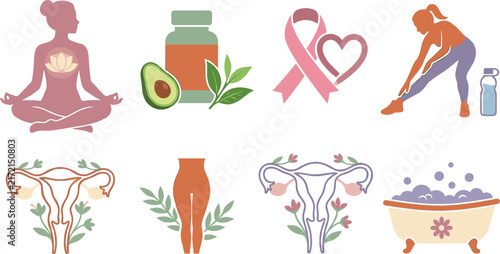 Women Health and Wellness Vector Icon Set with Yoga Meditation Pink Ribbon Breast Cancer Awareness Female Anatomy Supplements and Self Care Bathtub
