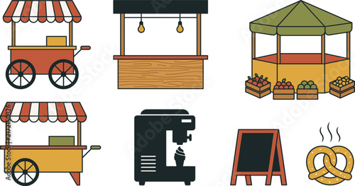 фотографія Street Food Stall and Market Kiosk Icon Set with Food Carts, Fruit Stands, Coffe