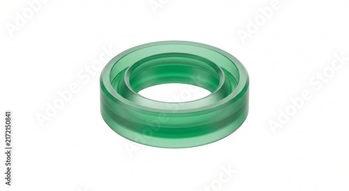 Macro of a pneumatic cylinder piston U-cup seal. Translucent green polyurethane elastomer ring with flexible sealing lips for industrial actuation hardware.