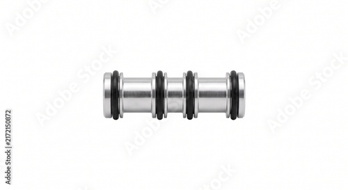 Macro of a pneumatic directional solenoid valve spool. Machined aluminum cylinder with precise lands and black NBR O-rings for industrial air control.