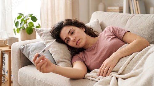 A young woman lies on a couch, looking unwell and holding a thermometer to check her temperature.